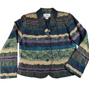 VTG Erin London Petite Blazer Jacket PL Green Striped Floral Embroidered Crinkle
